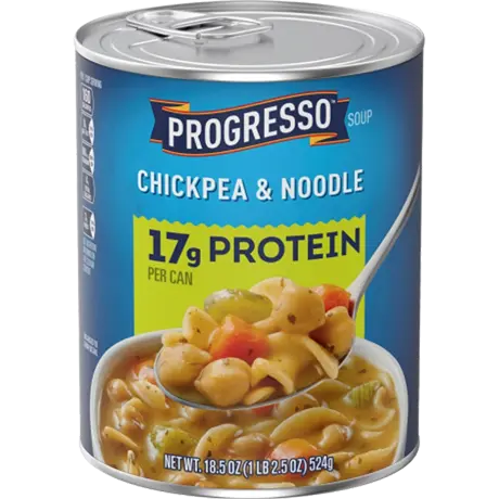 Progresso chickpea and noodle soup, front of the product