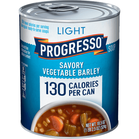 Progresso light savory vegetable barley soup, front of the product