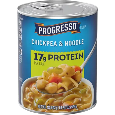 Progresso chickpea and noodle soup, front of the product