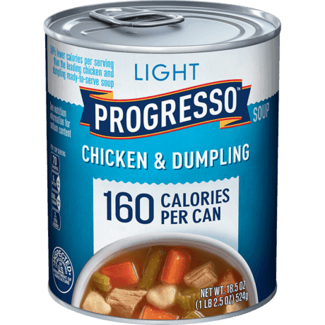 Progresso light chicken and dumpling soup, front of the product