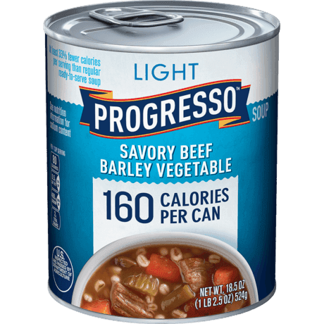 Progresso light savory beef barley vegetable soup, front of the product