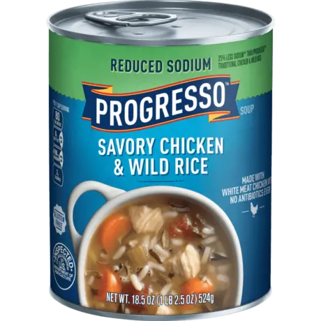 Progresso savory chicken and wild rice reduced sodium, front of the product