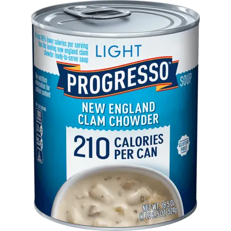 Progresso light new England clam chowder soup, front of the product