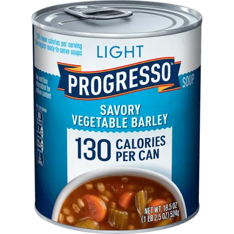 Progresso light savory vegetable barley soup, front of the product
